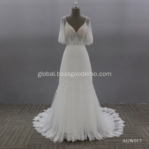 China Sexy Illusion Backless V Neck Sweep Train Lace Fashion Bride Short Sleeve  Wedding Dress Manufactory